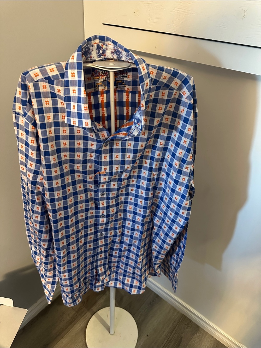 Robert Graham 3xl Men's Blue and White Check Button-Up Shirt with Orange Accents